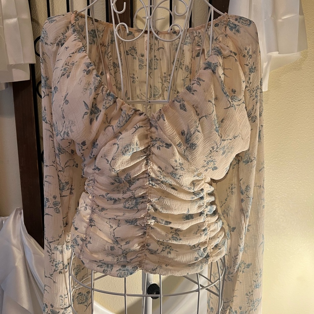 Free People Cream and Blue Floral Blouse